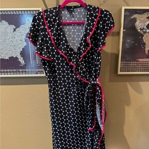 East 5th Black and White Polka Dot Dress with Pink Trim